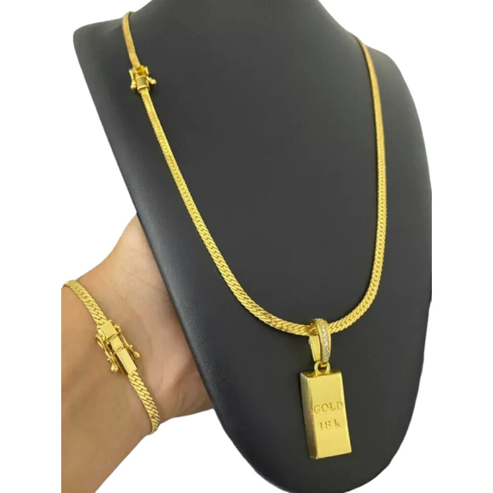 Cordão + Pulseira Grumet 4Mm + Pingente Gold Banhado A Ouro - Imagem 4