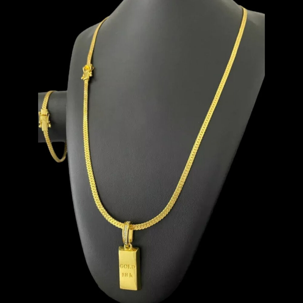 Cordão + Pulseira Grumet 4Mm + Pingente Gold Banhado A Ouro