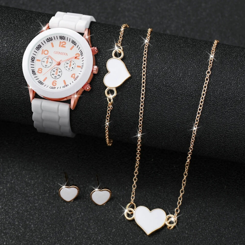 Kit Relógio Feminino + Colar + Brincos + Pulseira - Coração - Banhado A Ouro
