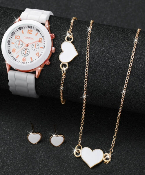 Kit Relógio Feminino + Colar + Brincos + Pulseira - Coração - Banhado a ouro
