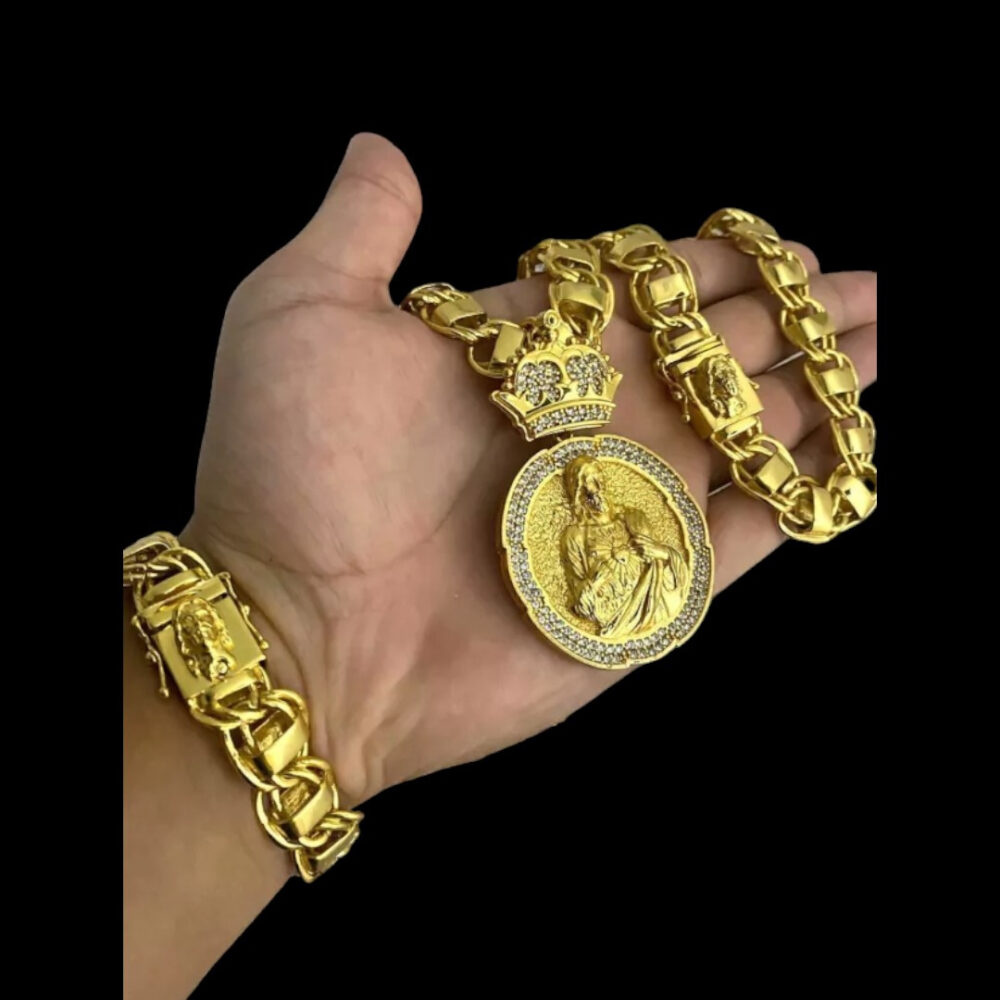 Kit Jesus Rosto 15Mm + Pingente Jesus - Banhado Ouro 18K