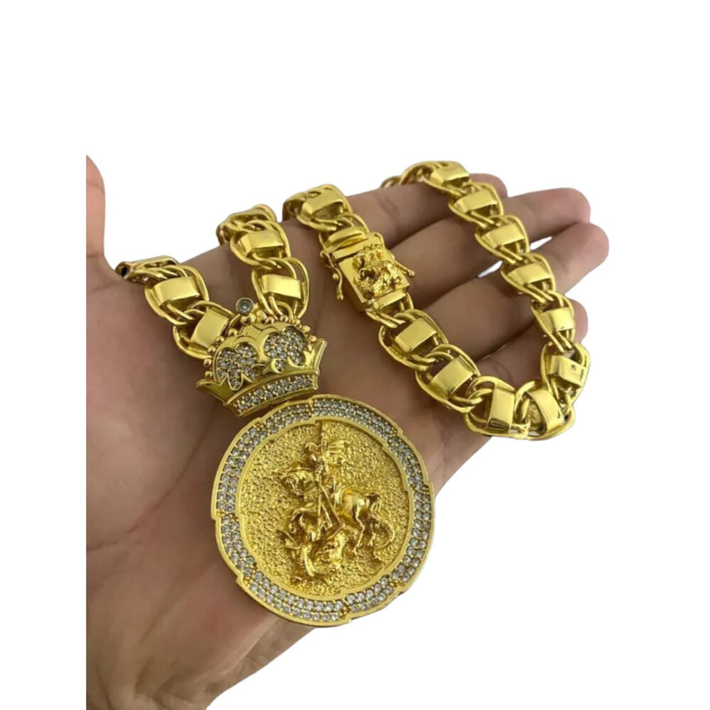Cordão Dubai 15Mm Fecho São Jorge + Pingente São Jorge - Banhado Ouro - Imagem 4