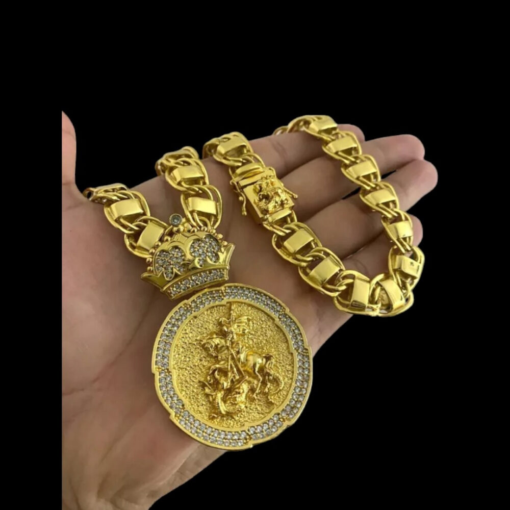 Cordão Dubai 15Mm Fecho São Jorge + Pingente São Jorge - Banhado Ouro