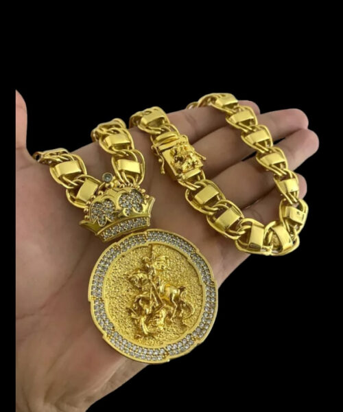 Cordão Dubai 15mm Fecho São Jorge + Pingente São Jorge - Banhado Ouro