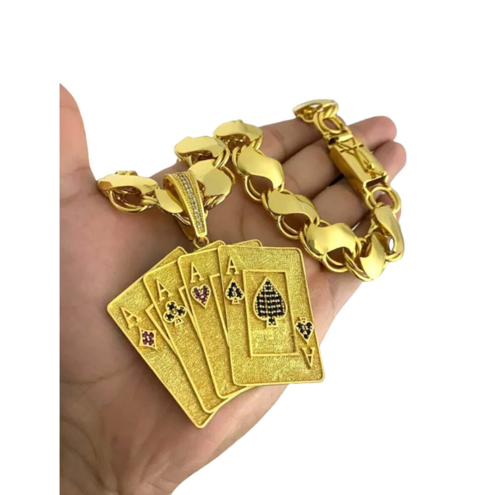 Cordão Friso S 18Mm + Pingente Cartas Baralho - Banhado A Ouro - Imagem 4