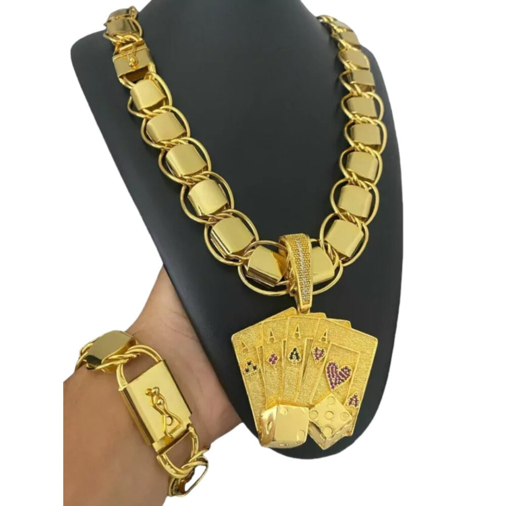 Cordão + Pulseira Dubai Supremo 22Mm Pingente Banhado A Ouro - Imagem 6