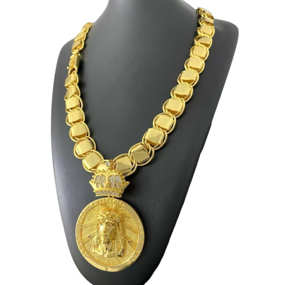 Cordão Dubai Supremo 18Mm + Pingente Jesus - Banhado A Ouro - Imagem 5