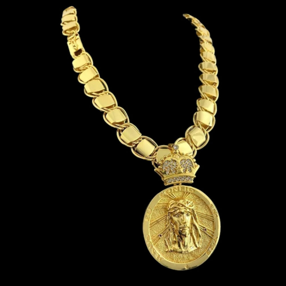 Cordão Dubai Supremo 18Mm + Pingente Jesus - Banhado A Ouro - Imagem 4