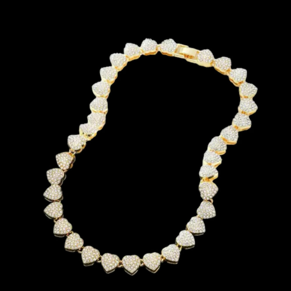Cordão Corações 100% Cravejado - Banhado Ouro 18K