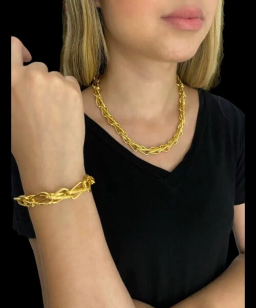 Cordão + Pulseira Balão 13mm Feminino - Banhado a Ouro 18k