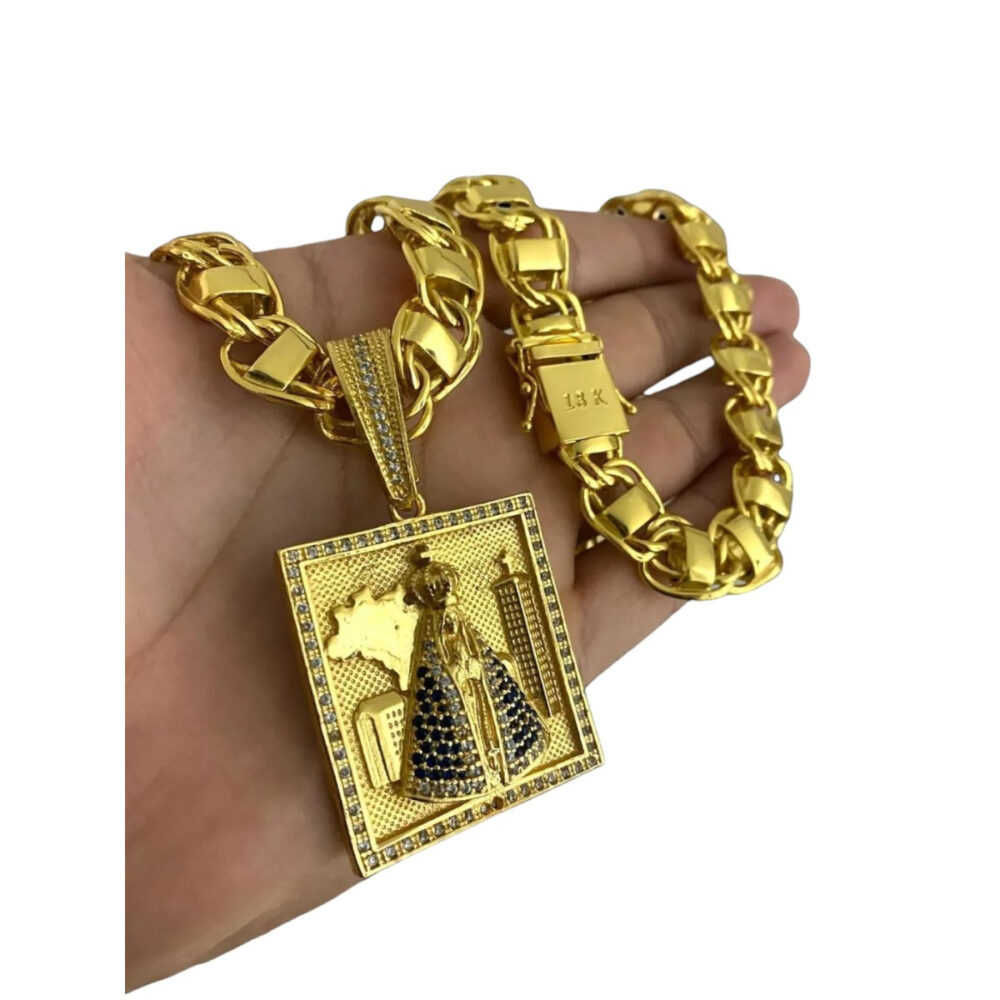 Cordão Dubai 15Mm + Pingente Nossa Senhora - Banhado Ouro - Imagem 4