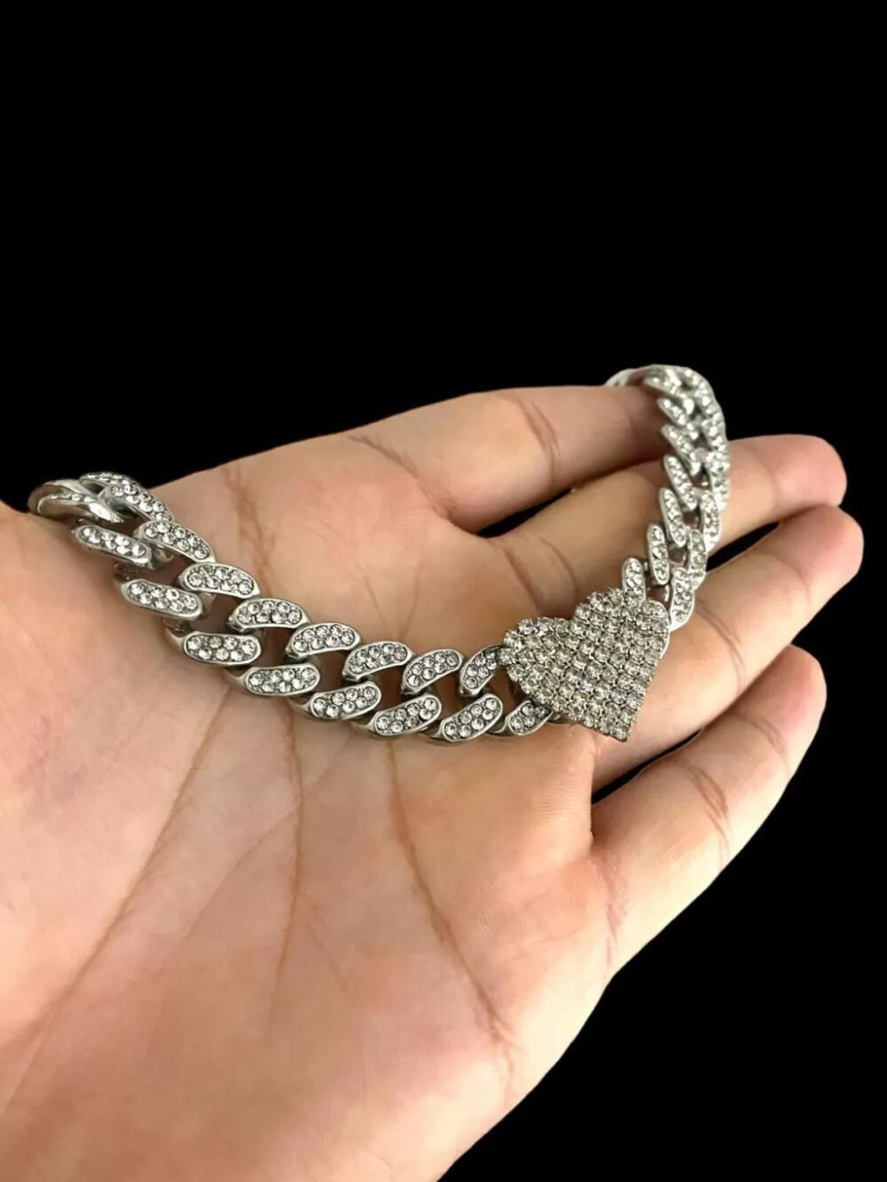 Cordão 10Mm Cravejado Coração Feminino - Banhado A Prata 925