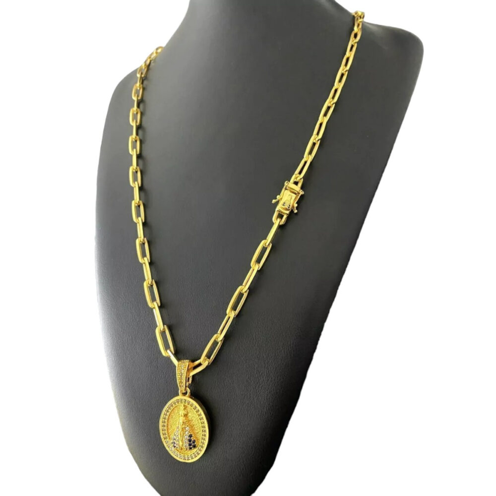 Cordão Cadeado 7Mm + Pingente Nossa Senhora - Banhado A Ouro - Imagem 2