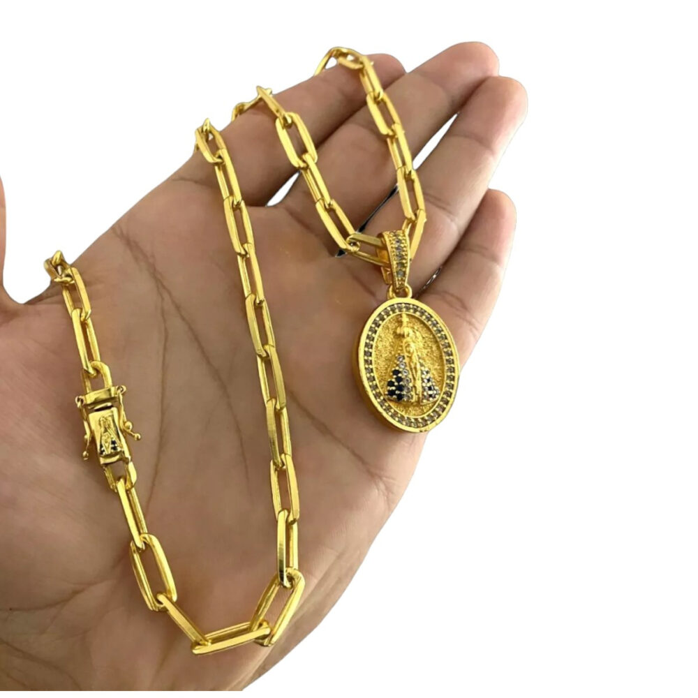 Cordão Cadeado 7Mm + Pingente Nossa Senhora - Banhado A Ouro - Imagem 4