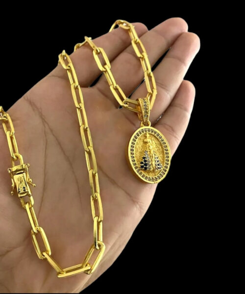 Cordão Cadeado 7mm + Pingente Nossa Senhora - Banhado a ouro