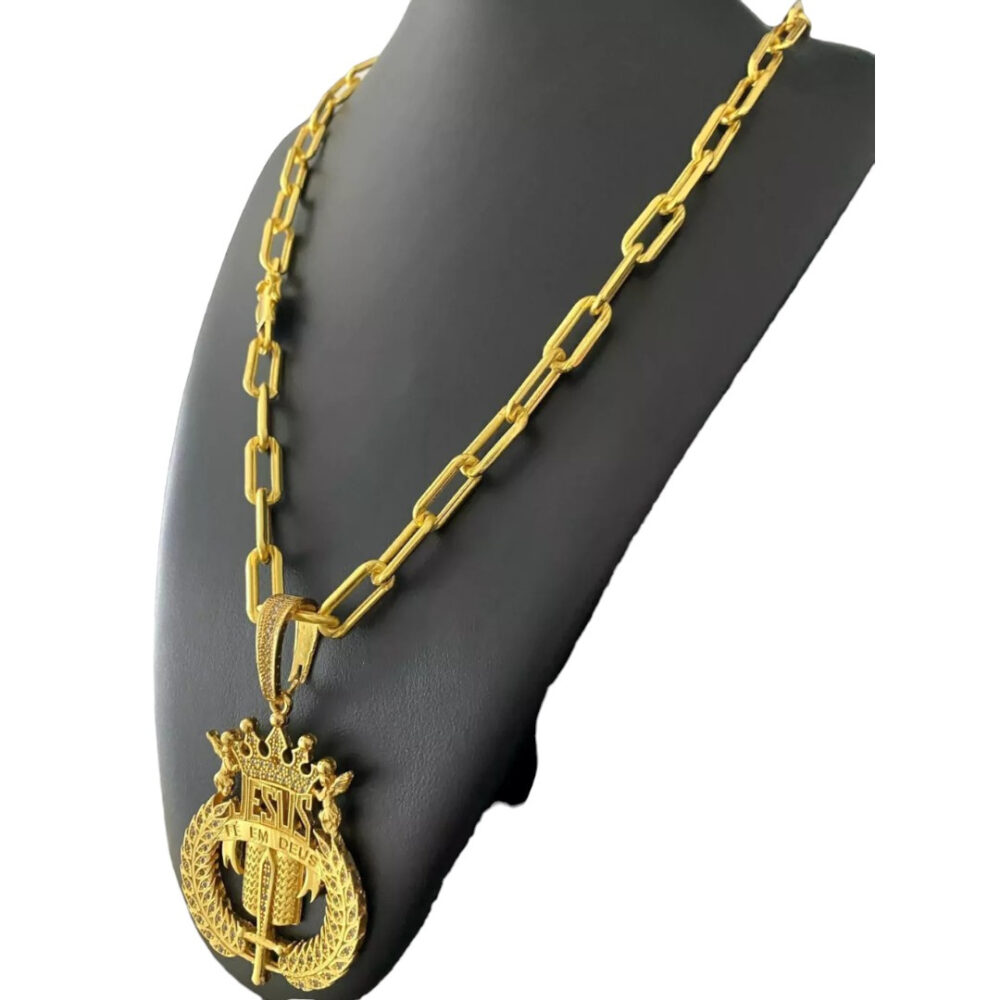 Cordão Cadeado Alongado 12Mm + Pingente Jesus - Banhado A Ouro - Imagem 3