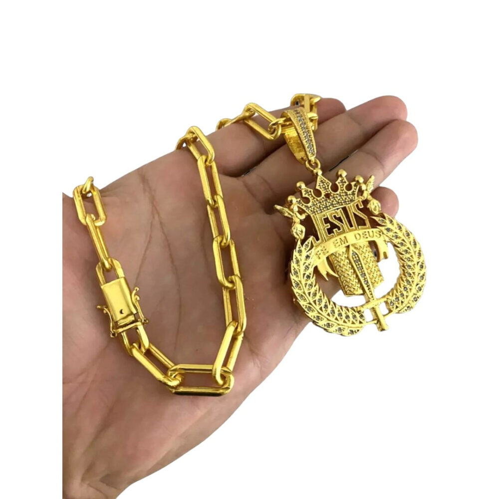 Cordão Cadeado Alongado 12Mm + Pingente Jesus - Banhado A Ouro - Imagem 4