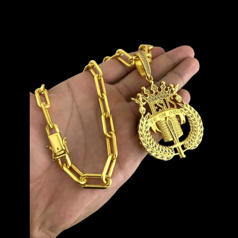 Cordão Cadeado Alongado 12Mm + Pingente Jesus - Banhado A Ouro