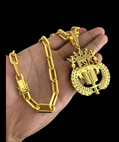Cordão Cadeado Alongado 12mm + Pingente Jesus - Banhado a Ouro