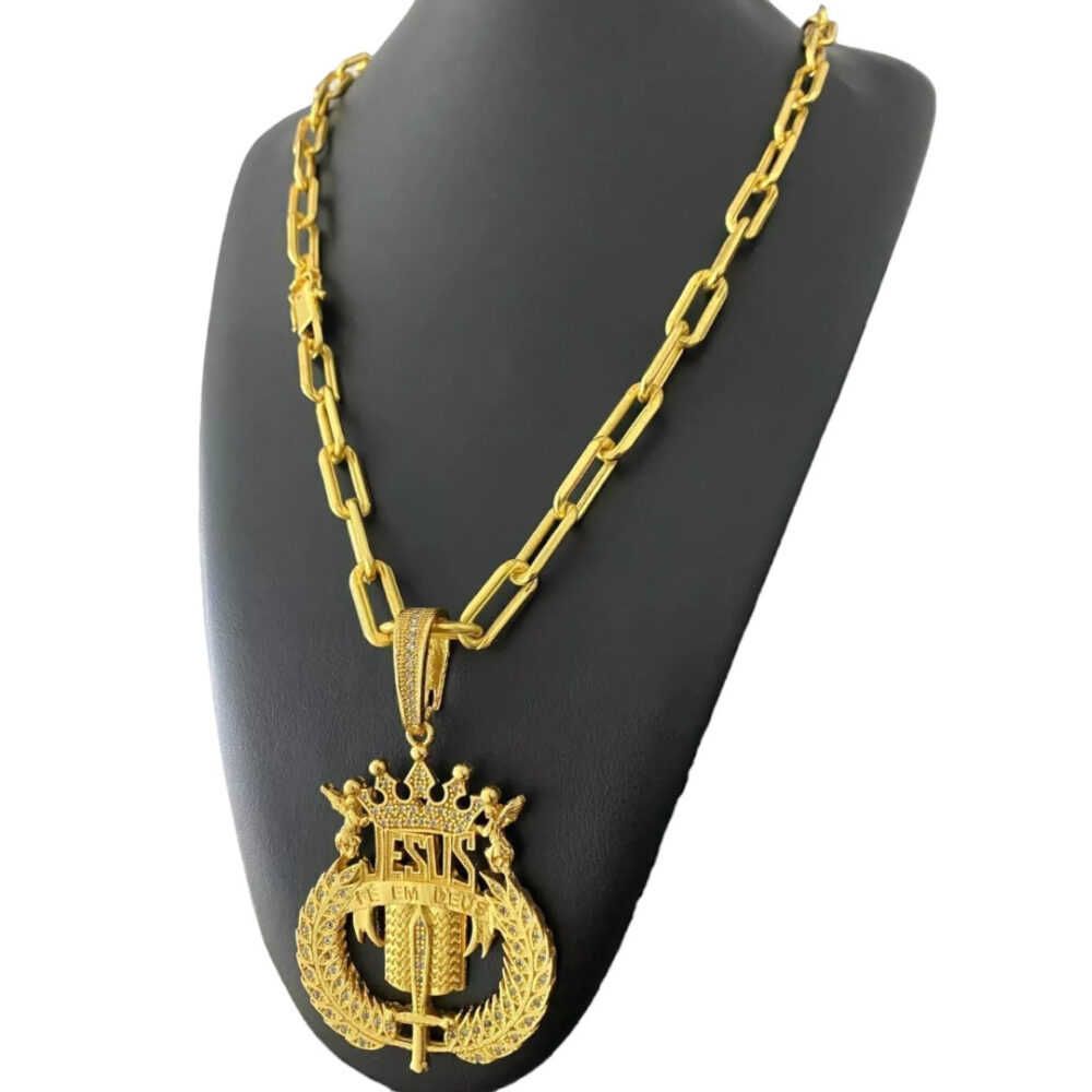 Cordão Cadeado Alongado 12Mm + Pingente Jesus - Banhado A Ouro - Imagem 2