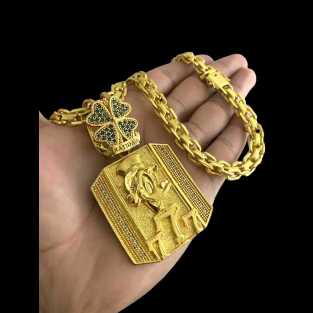 Cordão Cadeado Duplo 10Mm + Pingente Tio 777 - Banhado A Ouro