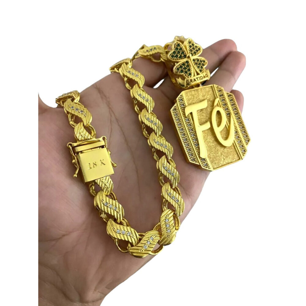 Cordão Cravejado Friso S 13Mm + Pingente Fé - Banhado Ouro - Imagem 4