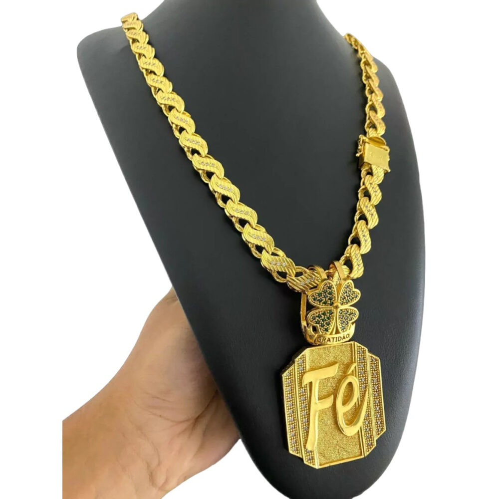 Cordão Cravejado Friso S 13Mm + Pingente Fé - Banhado Ouro - Imagem 2