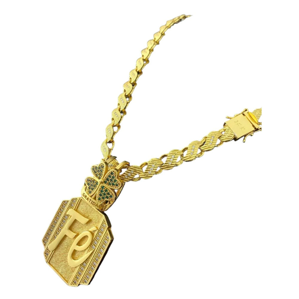Cordão Cravejado Friso S 13Mm + Pingente Fé - Banhado Ouro - Imagem 3