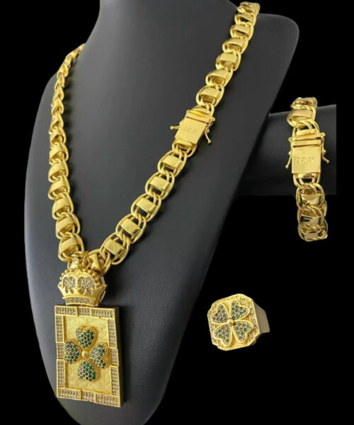 Kit Dubai 15mm + Anel e Pingente Trevo - Banhado Ouro 18k