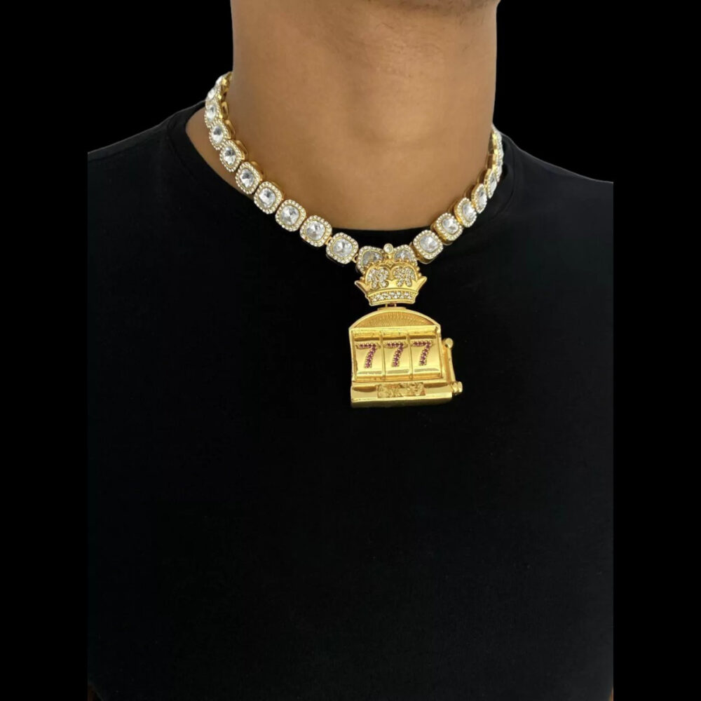 Cordão Cravejado 12Mm + Pingente 777 - Banhado Ouro 18K