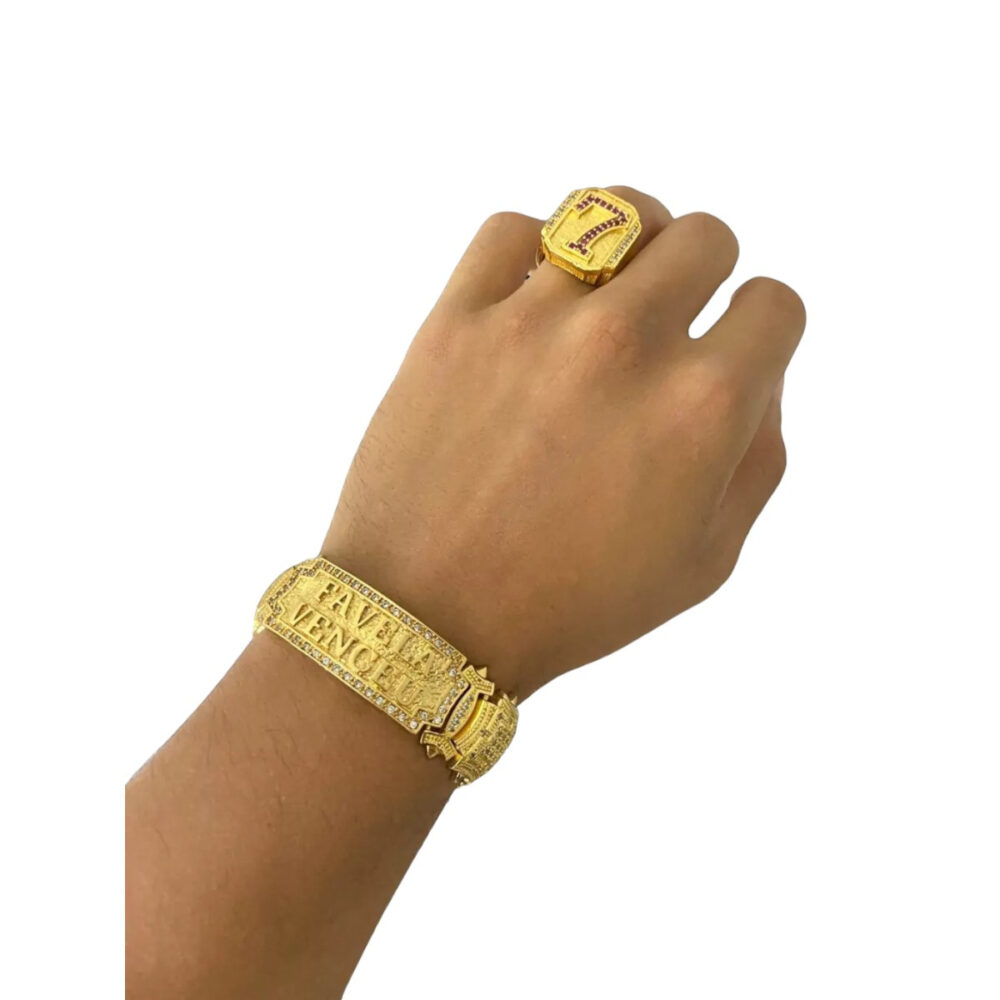 Cordão Cravejado 12Mm + Bracelete + Anel + Pingente Banhado - Imagem 3