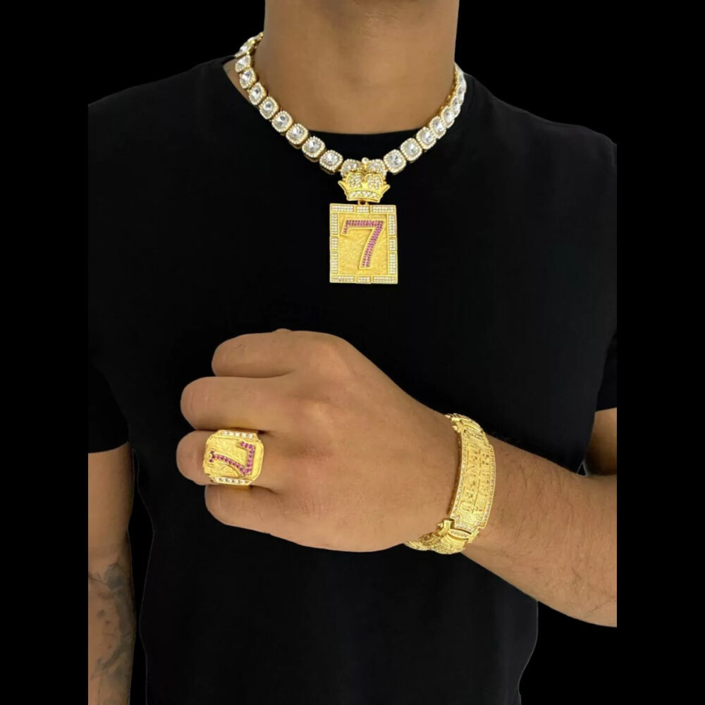 Cordão Cravejado 12Mm + Bracelete + Anel + Pingente Banhado