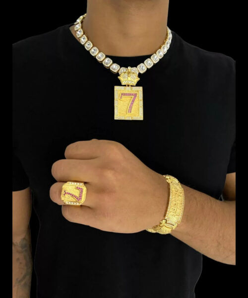 Cordão Cravejado 12mm + Bracelete + Anel + Pingente Banhado