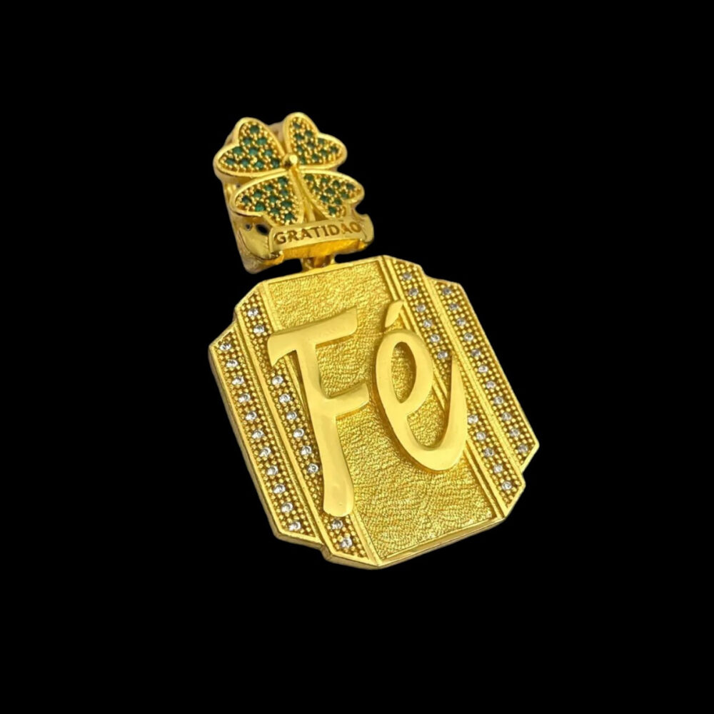 Pingente Fé Trevo Personalizado (G) - Banhado A Ouro 18K
