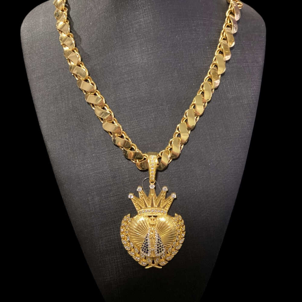 Cordão Friso S 13Mm + Pingente Nossa Senhora Banhado A Ouro - Imagem 2