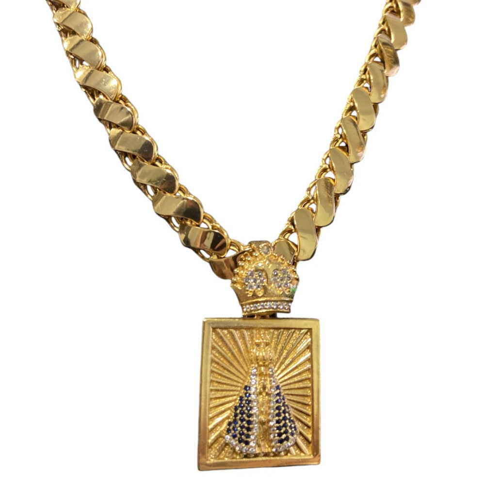 Cordão Friso S 13Mm + Pingente Nossa Senhora Banhado A Ouro - Imagem 3
