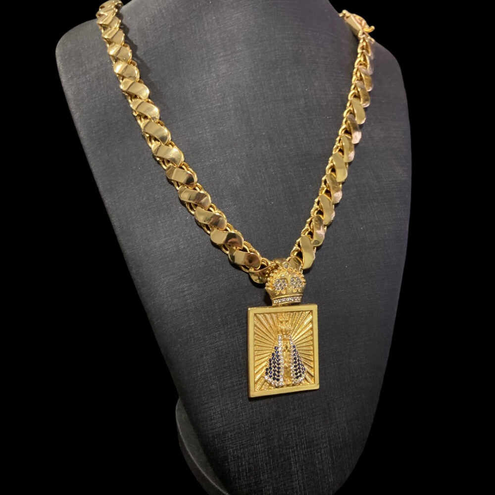 Cordão Friso S 13Mm + Pingente Nossa Senhora Banhado A Ouro - Imagem 2