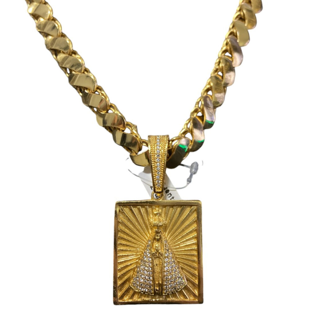 Cordão Friso S 13Mm + Pingente Nossa Senhora Banhado A Ouro - Imagem 3