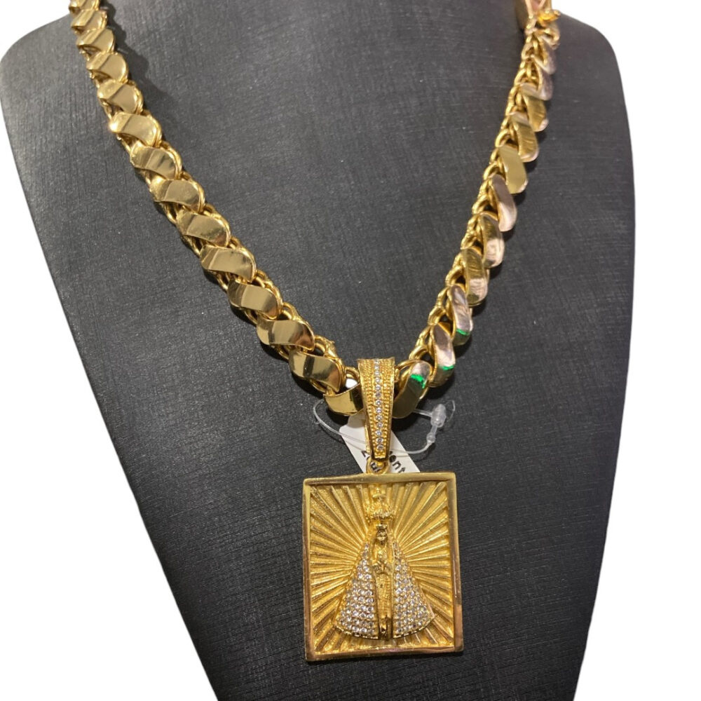 Cordão Friso S 13Mm + Pingente Nossa Senhora Banhado A Ouro - Imagem 2
