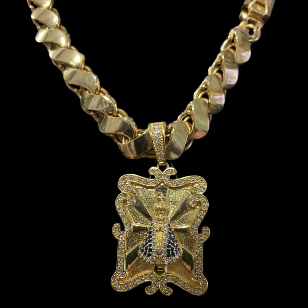 Cordão Friso S 13Mm + Pingente Nossa Senhora Banhado A Ouro