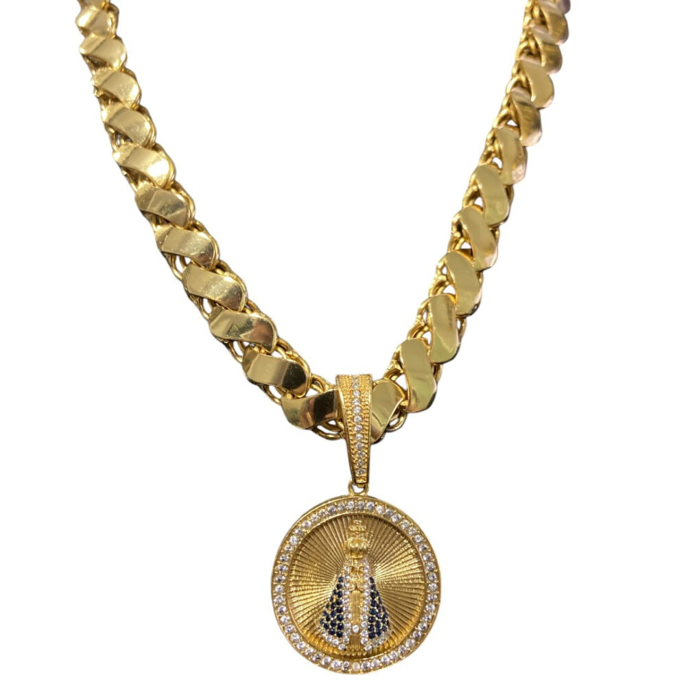 Cordão Friso S 13Mm + Pingente Nossa Senhora Banhado A Ouro - Imagem 3