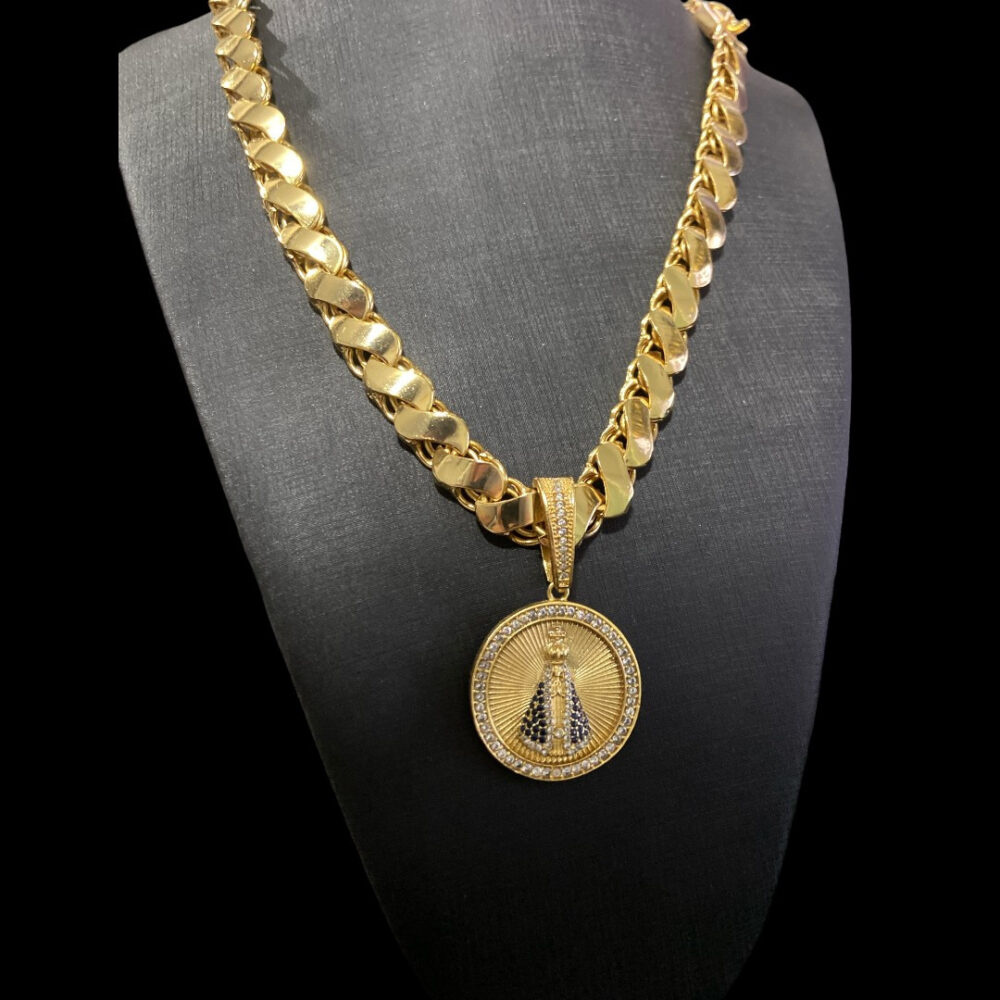 Cordão Friso S 13Mm + Pingente Nossa Senhora Banhado A Ouro - Imagem 2