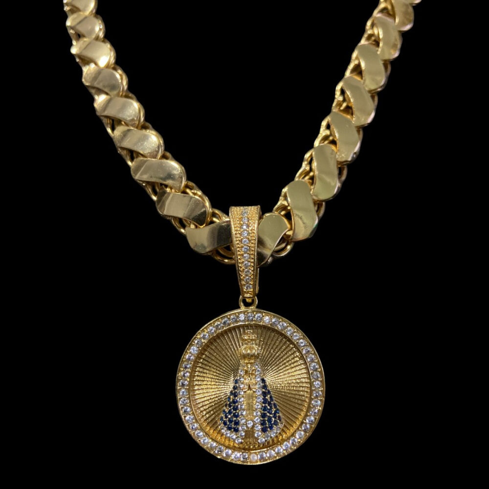 Cordão Friso S 13Mm + Pingente Nossa Senhora Banhado A Ouro