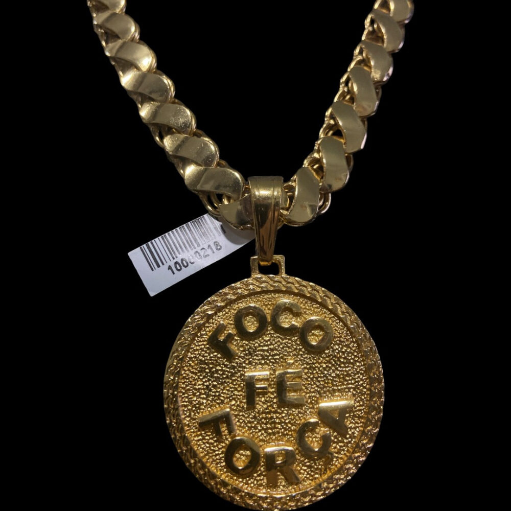 Cordão Friso S 13Mm + Pingente Foco, Força Fé Banhado A Ouro