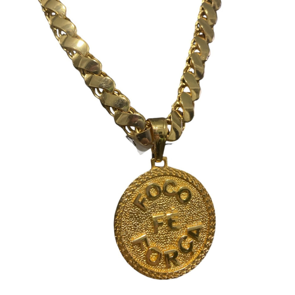 Cordão Friso S 13Mm + Pingente Foco, Força Fé Banhado A Ouro - Imagem 3
