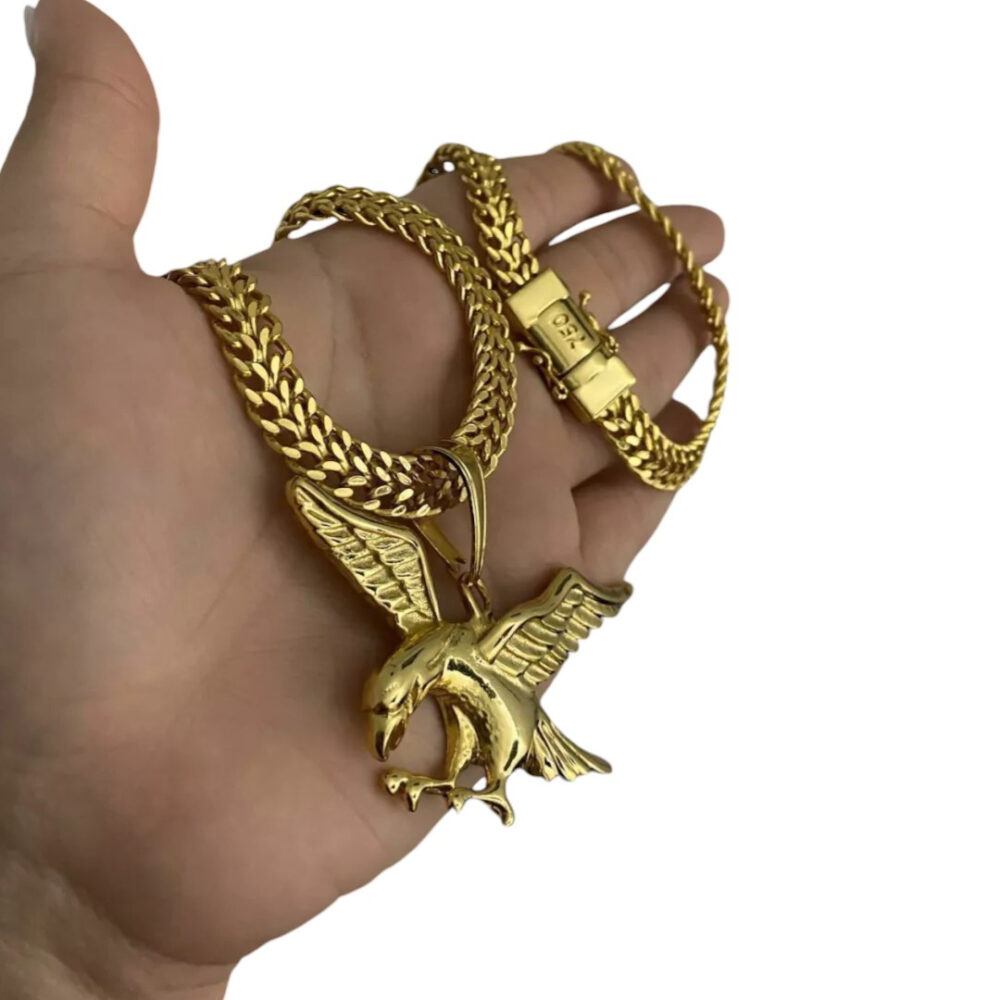 Cordão Lacraia 10Mm + Pingente Águia - Banhado A Ouro 18K - Imagem 3