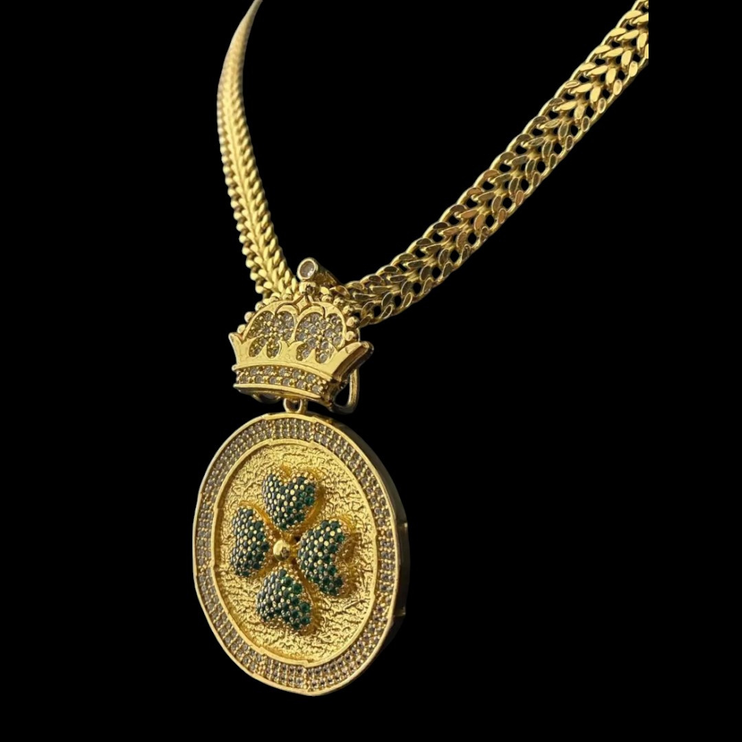 15309532182 Cordao Lacraia 10Mm Pingente Trevo Banhado A Ouro 18K 2