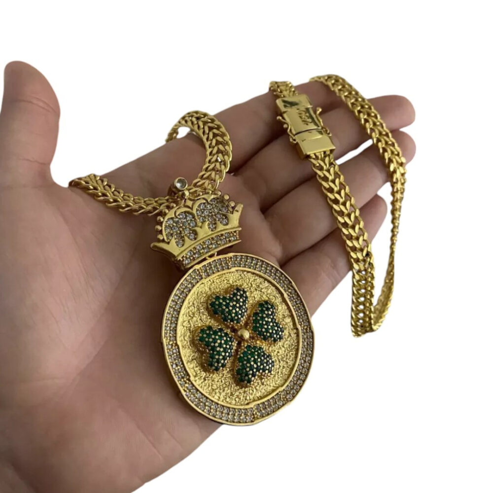 Kit Lacraia 10Mm + Pingente Trevo - Banhado A Ouro 18K - Imagem 4