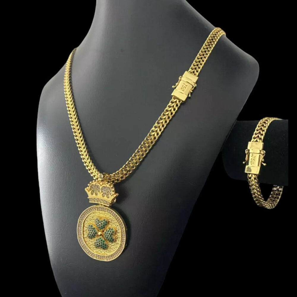 Kit Lacraia 10Mm + Pingente Trevo - Banhado A Ouro 18K