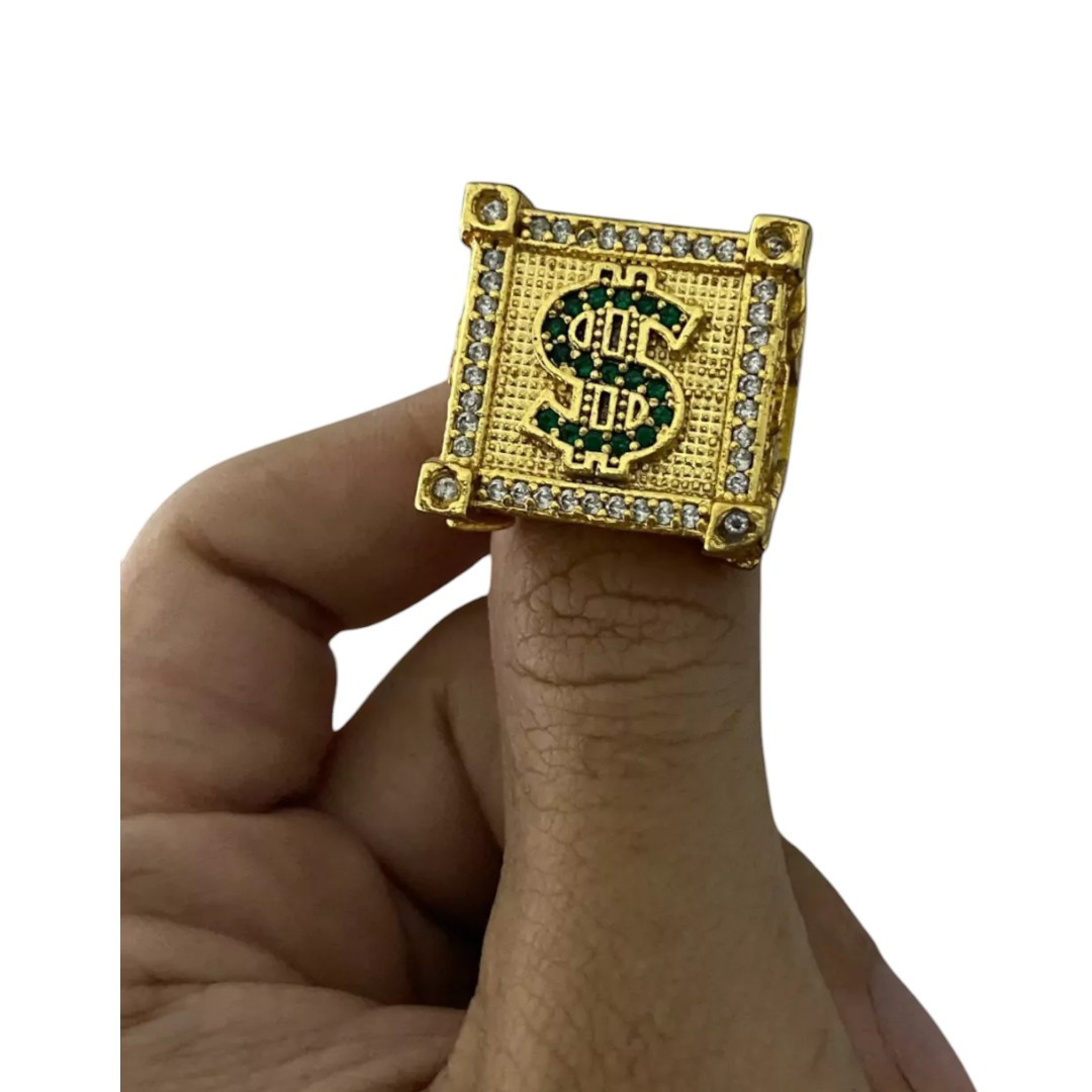 15313859816 Anel Cifrao Cravejado Ajustavel Banhado A Ouro 18K
